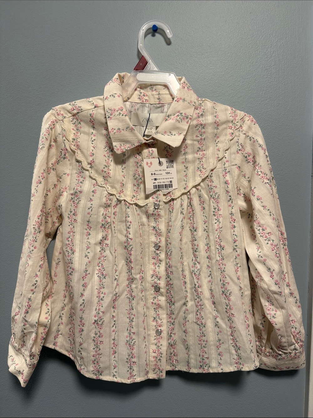 Zara Cream Button-Down Blouse with Pink Floral Stripes for girls